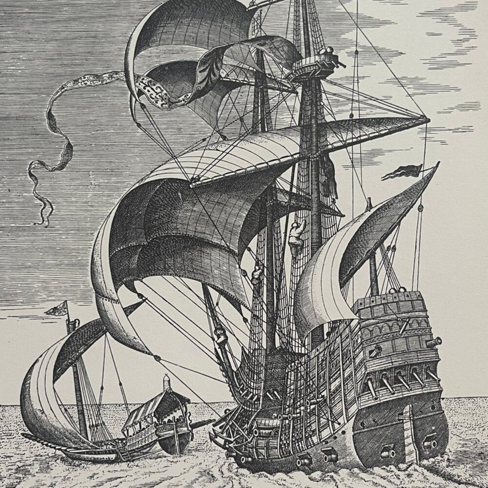 Bruegel, Armed Three-Master, Sailing Vessels, Engraving, Print, ~ 241229-WH 70